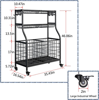 Linzinar Garage Sports Equipment Organizer Ball Rack Rolling Sports Gear Storage Car