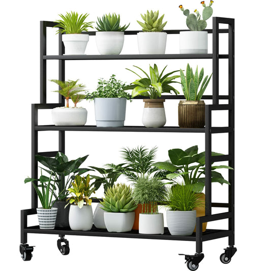 Linzinar Plant Stand Indoor 3-Tier Metal Outdoor Tiered Stand with Wheels Potting Ladder