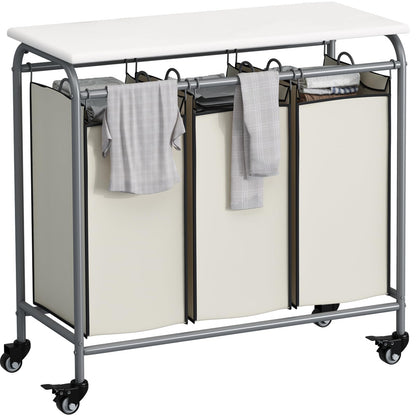 Linzinar 3-Bag Laundry Basket Cart with Ironing Board and Heavy Duty Rolling Lockable Wheels and Removable