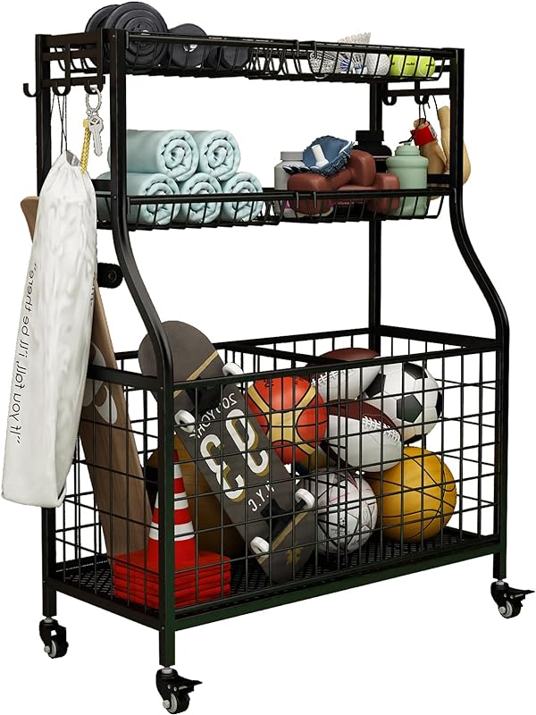 Linzinar Garage Sports Equipment Organizer Ball Rack Rolling Sports Gear Storage Car