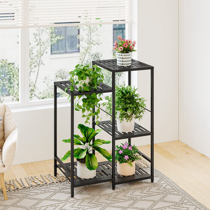 Linzinar Plant Stand Indoor Outdoor Metal Plant Shelf 3 Tiers 5 Potted