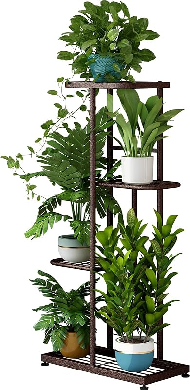 Linzinar Plant Stand Metal 5 Tier 6 Potted Multiple Flower Pot Holder Shelf Indoor Outdoor Planter Display Shelving