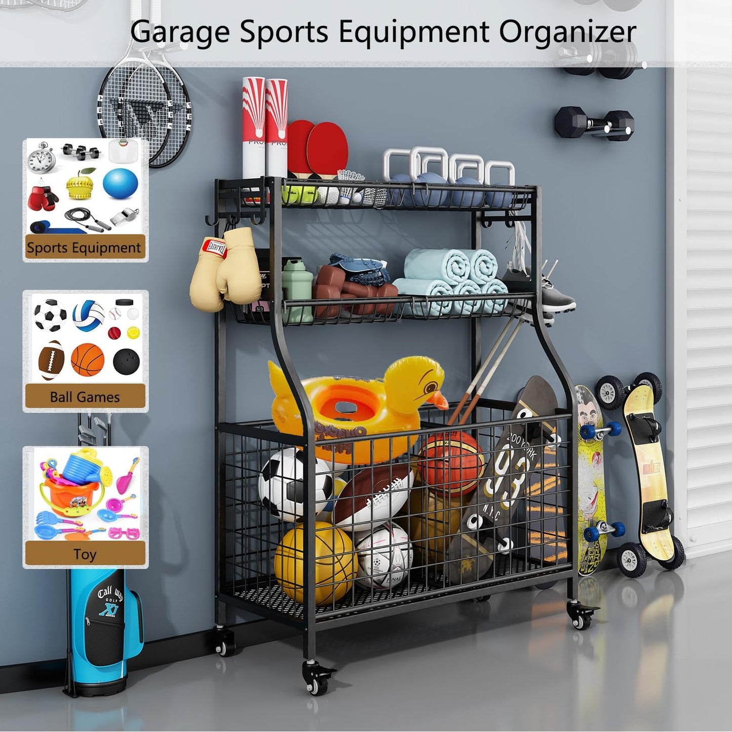 Linzinar Garage Sports Equipment Organizer Ball Rack Rolling Sports Gear Storage Car