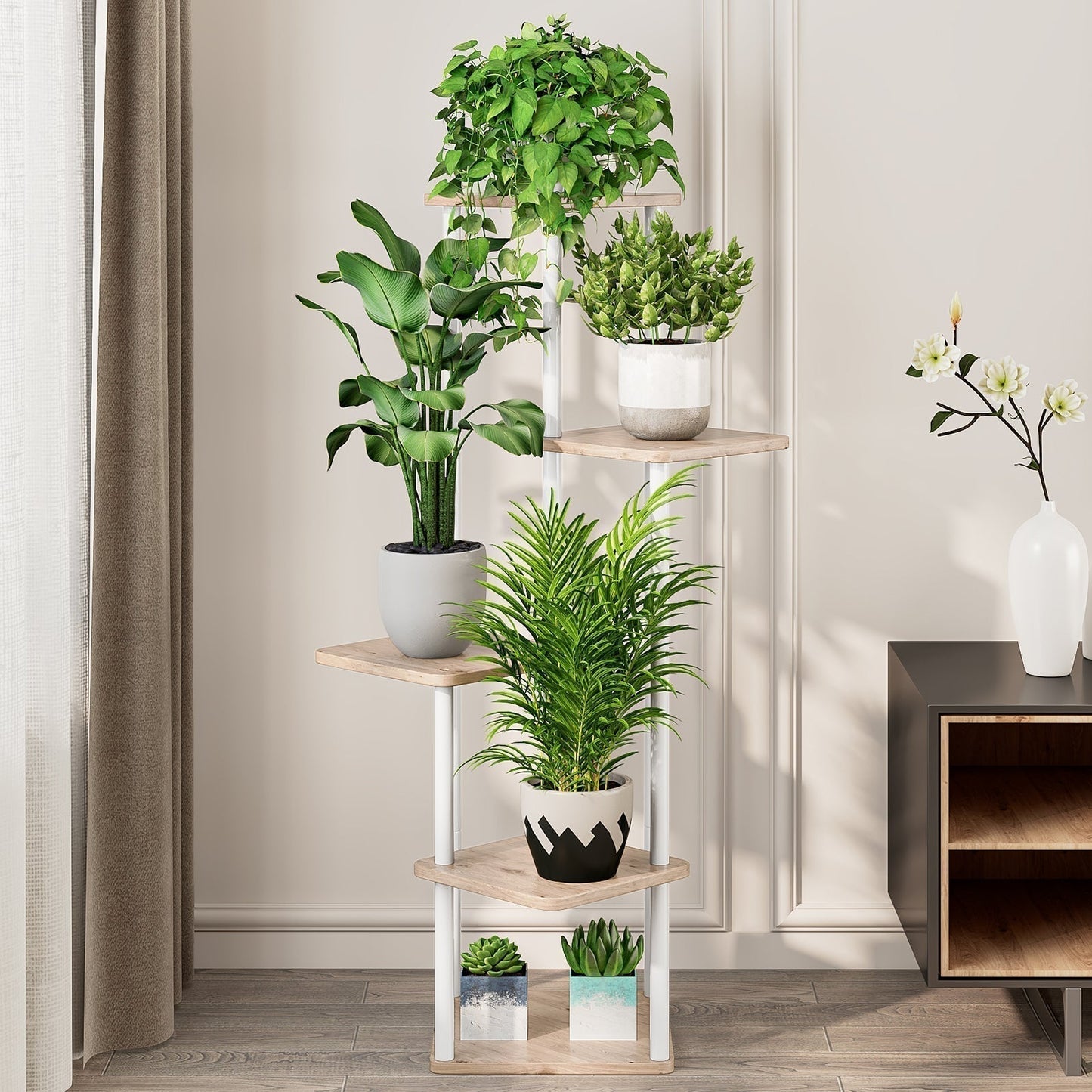 Linzinar Plant Stand 5 Tier 6 Potted Indoor Metal Corner Flower Shelf for Multiple Plants