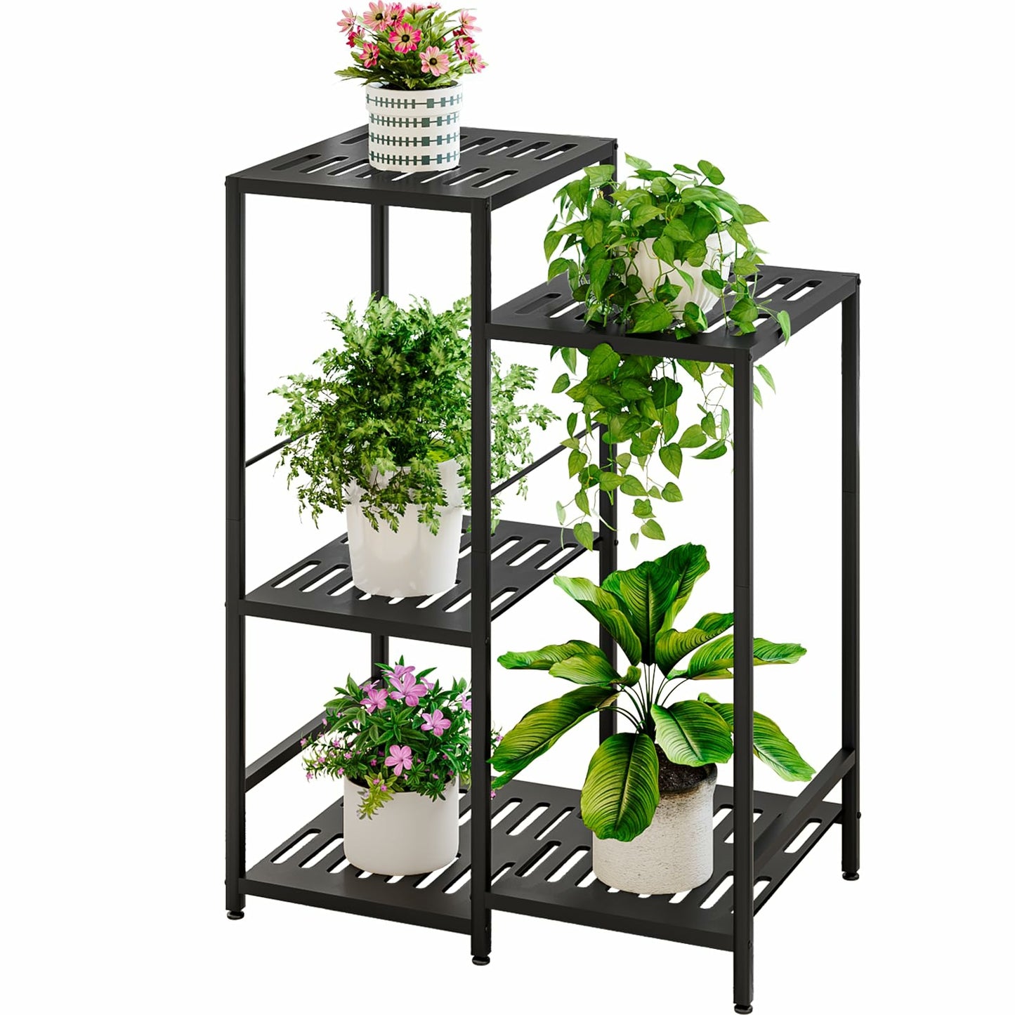 Linzinar Plant Stand Indoor Outdoor Metal Plant Shelf 3 Tiers 5 Potted