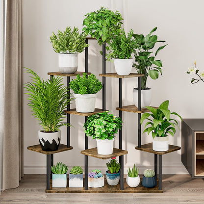 Linzinar Plant Stand 9 Tier 14 Potted Indoor Metal Corner Flower Shelf for Multiple Plants