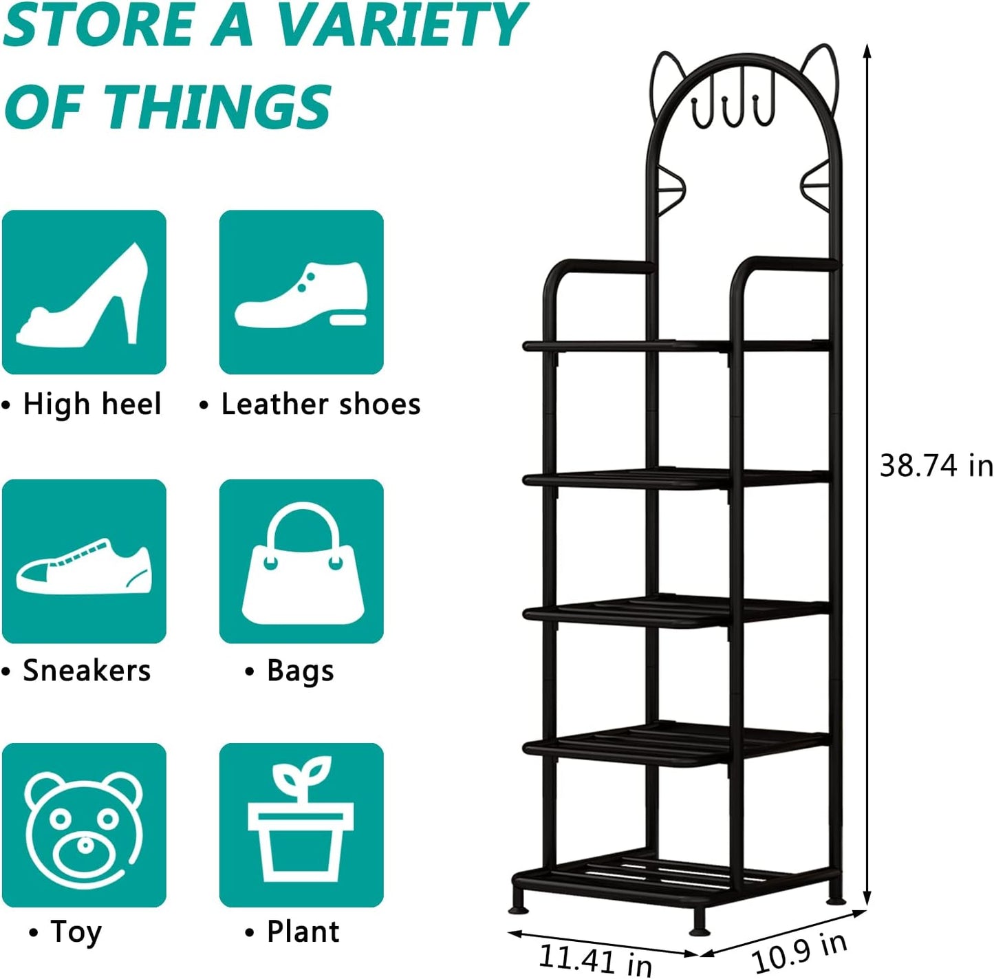 Linzinar Shoe Rack 5 Tier Vertical Storage Organizer Shelf Sturdy Metal Free Standing Shoe Tower
