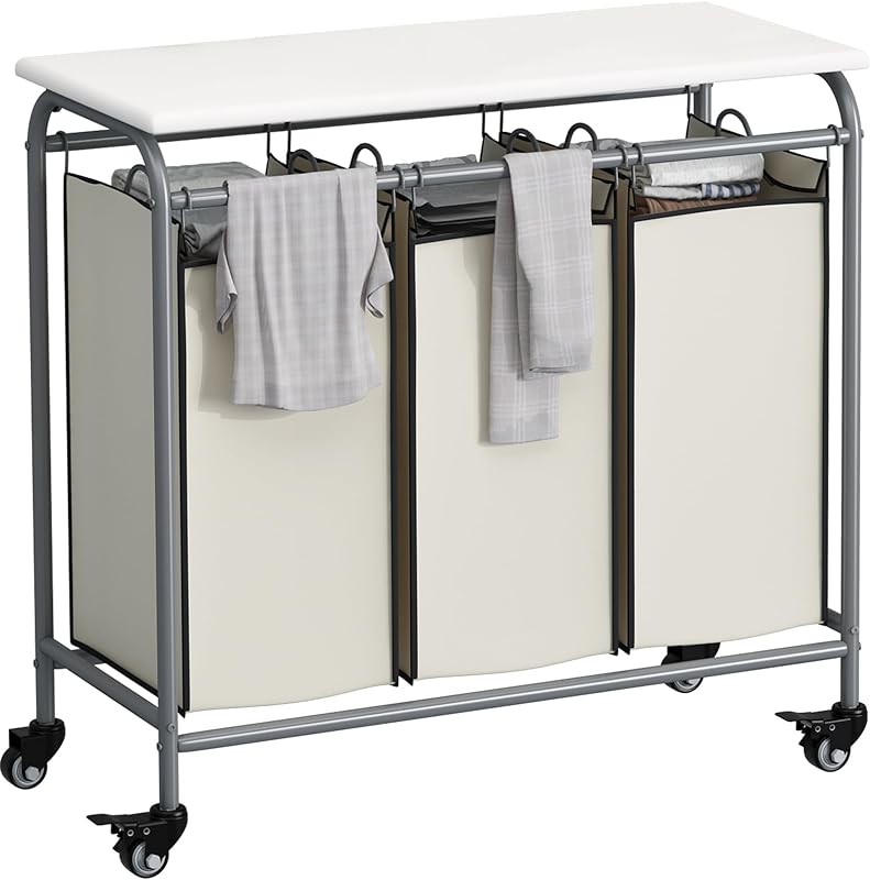 Linzinar 3-Bag Laundry Basket Cart with Ironing Board and Heavy Duty Rolling Lockable Wheels and Removable