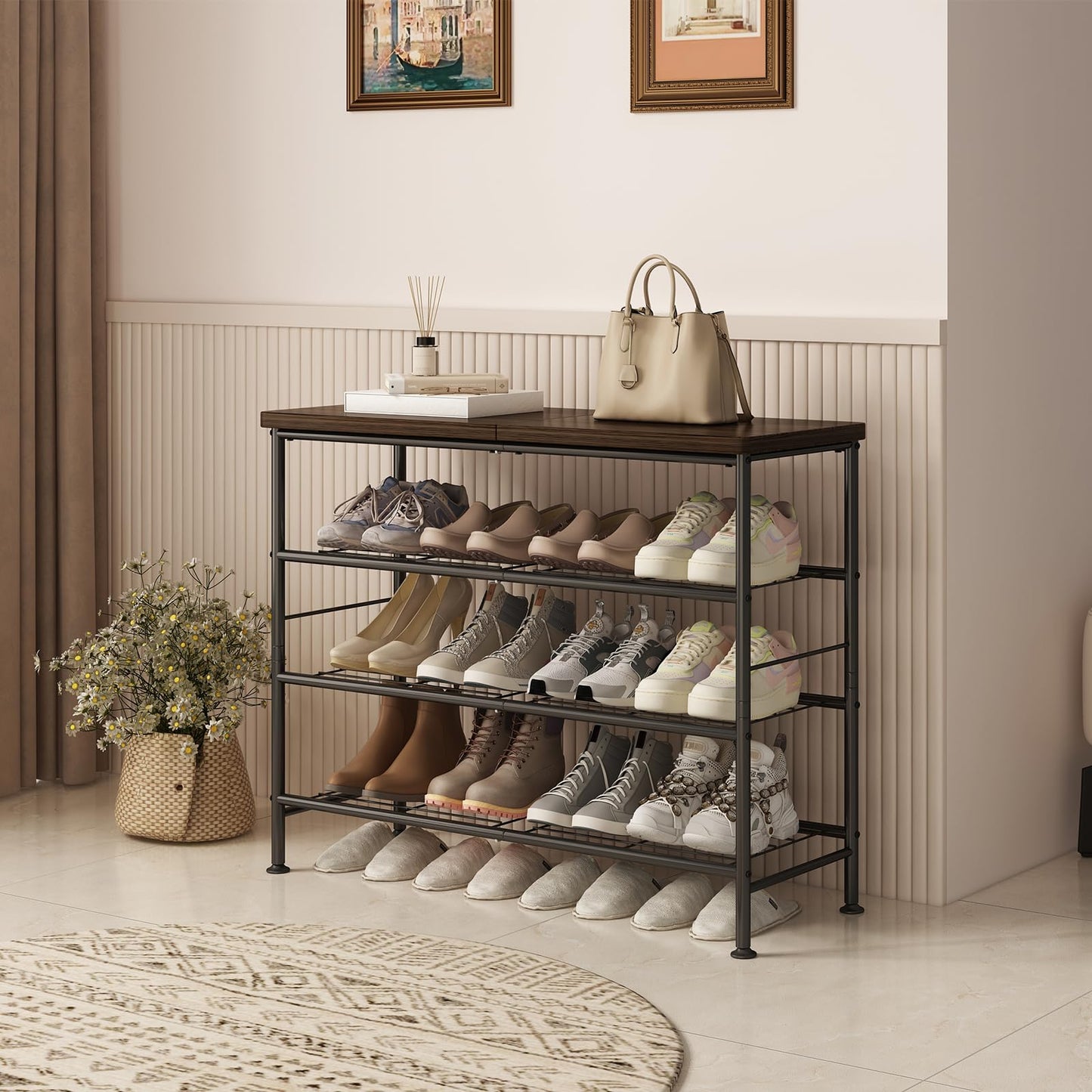 Linzinar Shoe Rack Organizer 4 Tier Standing Metal Storage Shoe Shelf