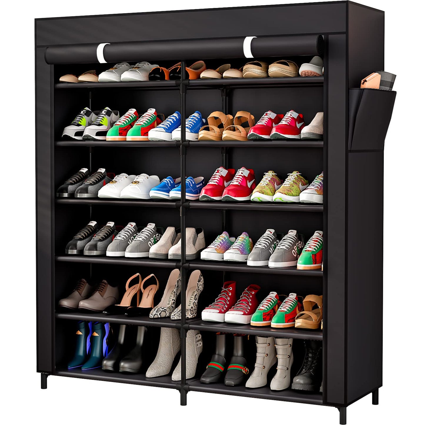 Linzinar 7-Tier Shoe Rack Storage Organizer 42 Pairs Portable Double Row with Dustproof Cover Non-Woven Shoe Storage Cabinet
