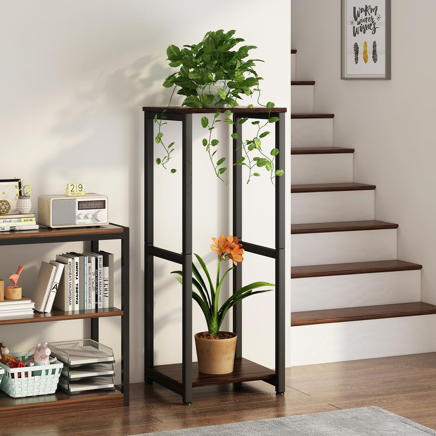 Linzinar Plant Stand Indoor Corner Tall 2 Tier Metal Modern Flower Storage Plant Shelf