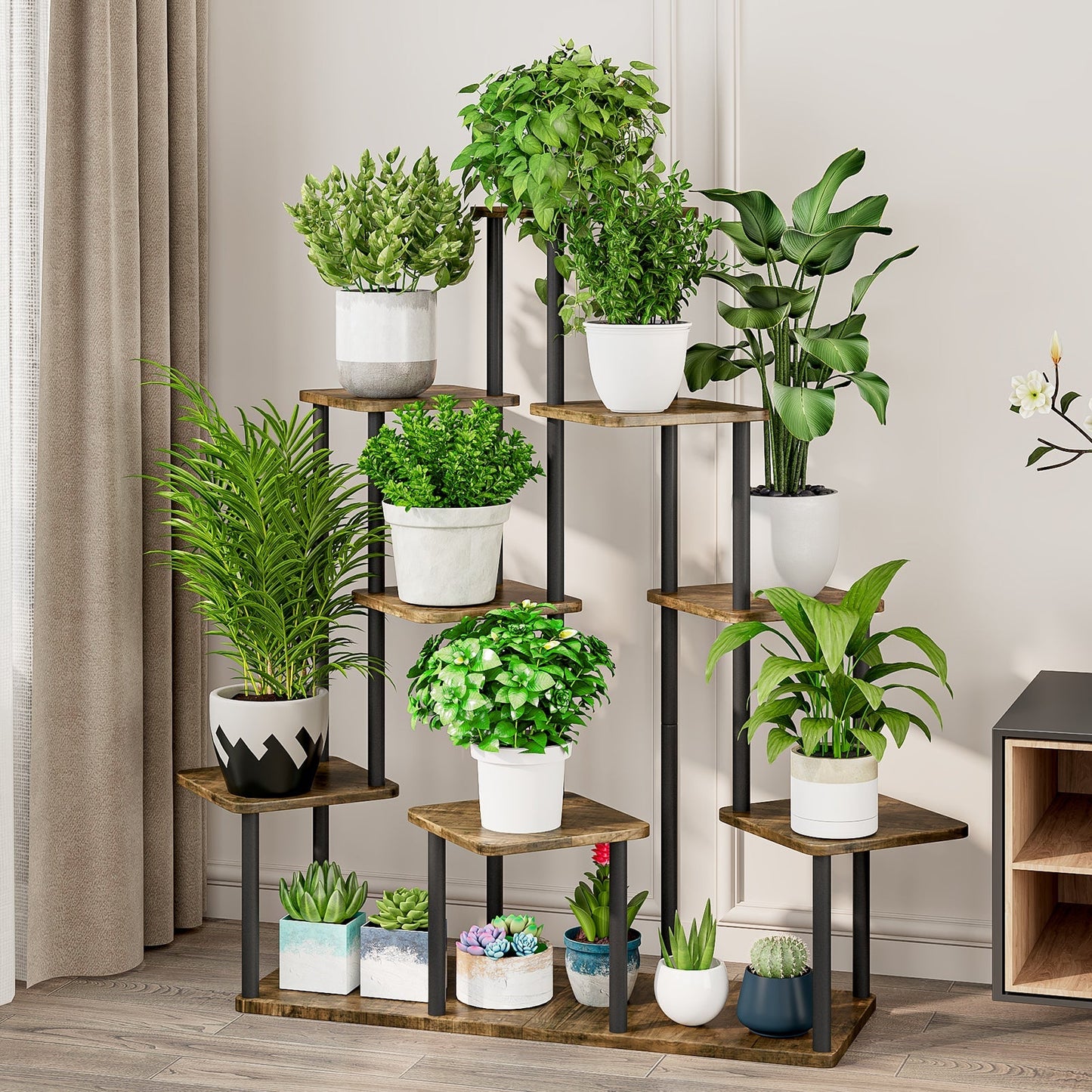 Linzinar Plant Stand 9 Tier 14 Potted Indoor Metal Corner Flower Shelf for Multiple Plants