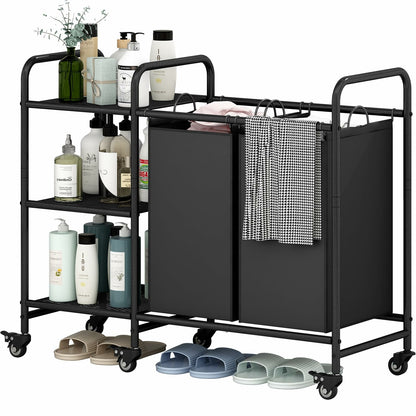 Linzinar 2 Bag Laundry Basket Sorter Cart with Storage Shelf Laundry Hamper with Rolling Wheels